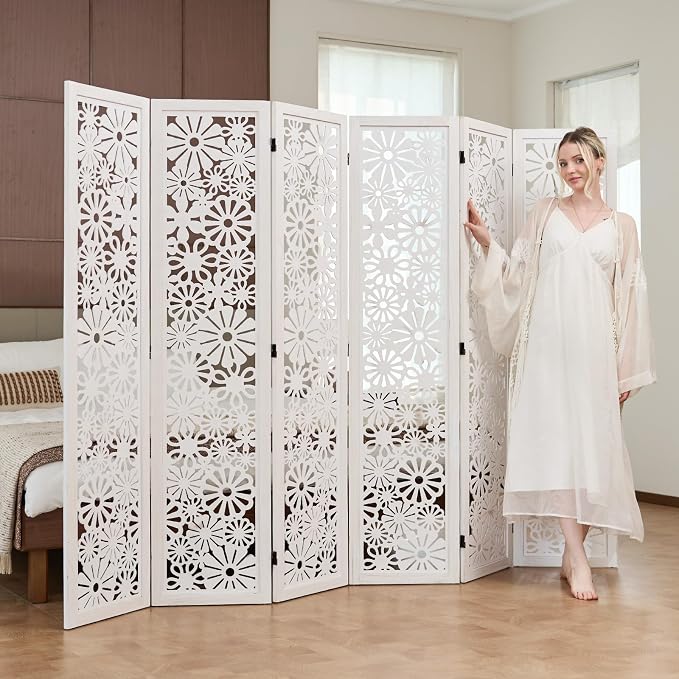 Folding Wood Room Divider Panel, 67 Inch Tall Daisy-Carved Privacy Screen - Image 6