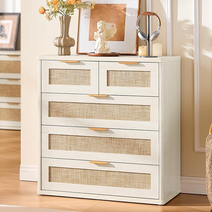 LEYAOYAO Rattan Dresser for Bedroom, 33.5" Small Chest of Drawers | Gold Metal - Image 8