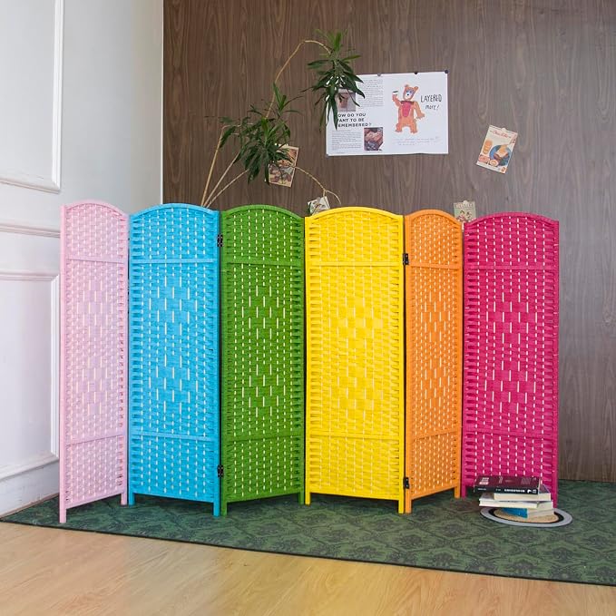 6-Panel Short Room Divider, 3.9 ft Freestanding Partition Wall, Colorful Rattan - Image 4