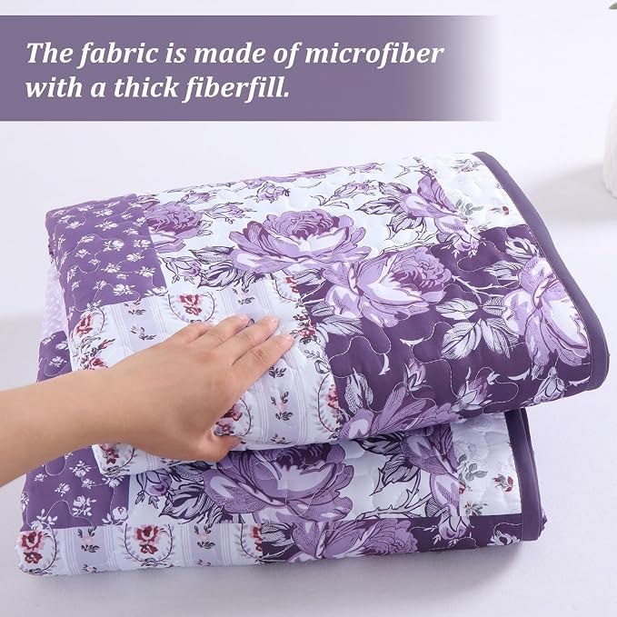 Anibedding Purple Patchwork Quilt Set King, Rose Floral Plaid Bedspread | - Image 5