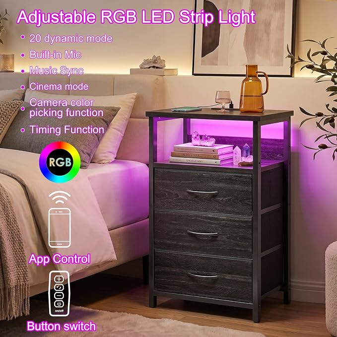 Fixwal Night Stand with 3 Fabric Drawers, Nightstand with Charging Station | - Image 4
