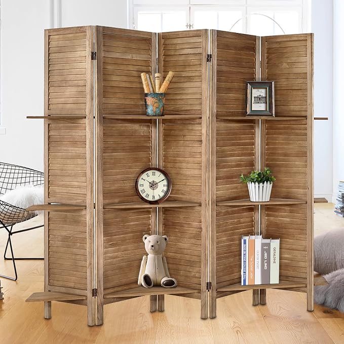 Room Divider with Shelves, 5 Panel Brown Privacy Screen | Partition Room - Image 5