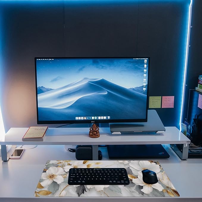 Eflxamz Desk Mat,White Gold Marble Desk Pad,White Flowers Golden Leaves Large Gaming Mouse Pad for Desk,Extended Big Computer Keyboard Mouse Pad with Non-Slip Base and Stitched Edge,31.5"x11.8"
