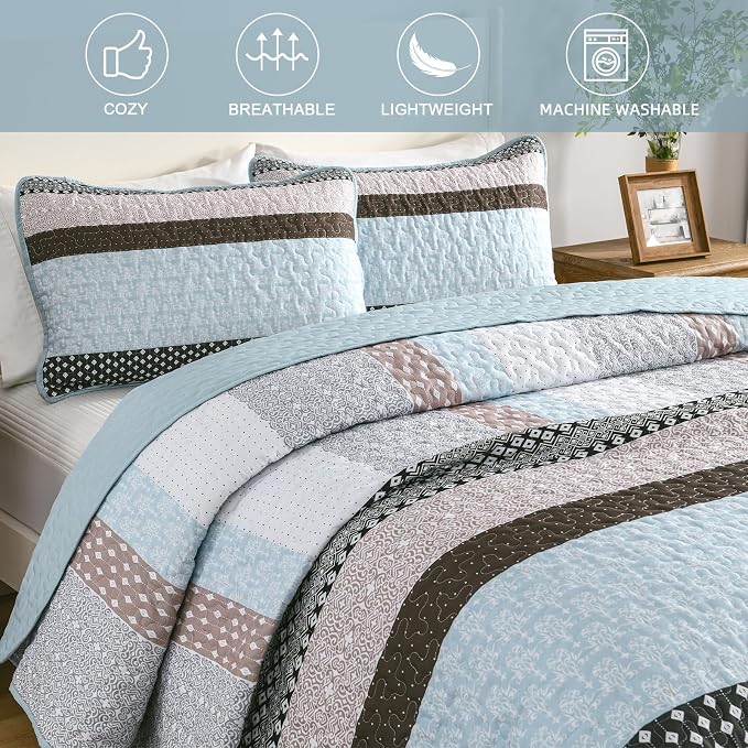WONGS BEDDING Boho Quilt Queen Size, Patchwork Bedding Set, 3 Pieces Plaid - Image 5