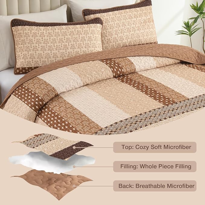 WONGS BEDDING Brown Stripe Quilt Set, 3 Pieces Boho Bedspread Queen Size | - Image 4