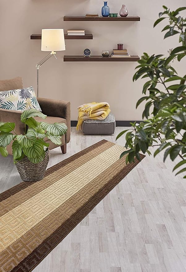 Custom Length Hallway Runner Rug,Slip Resistant,Meander Brown, 26 Inch X 14 feet, Sold and Priced Per Foot