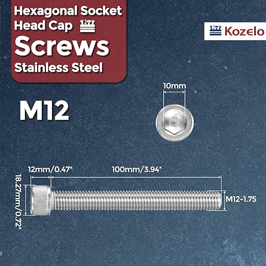 Kozelo 2pcs Socket Head Cap Screws - [M12-1.75 x 100mm] 304 Stainless Steel Allen Socket Drive for Electrical Motor 3D Printing Fan Engine Replacement Use, Silver