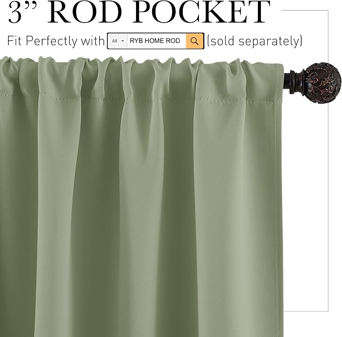 RYB HOME Half Curtain Tiers 36 inch Length, Rod Pocket | Short Blackout Curtains - Image 2