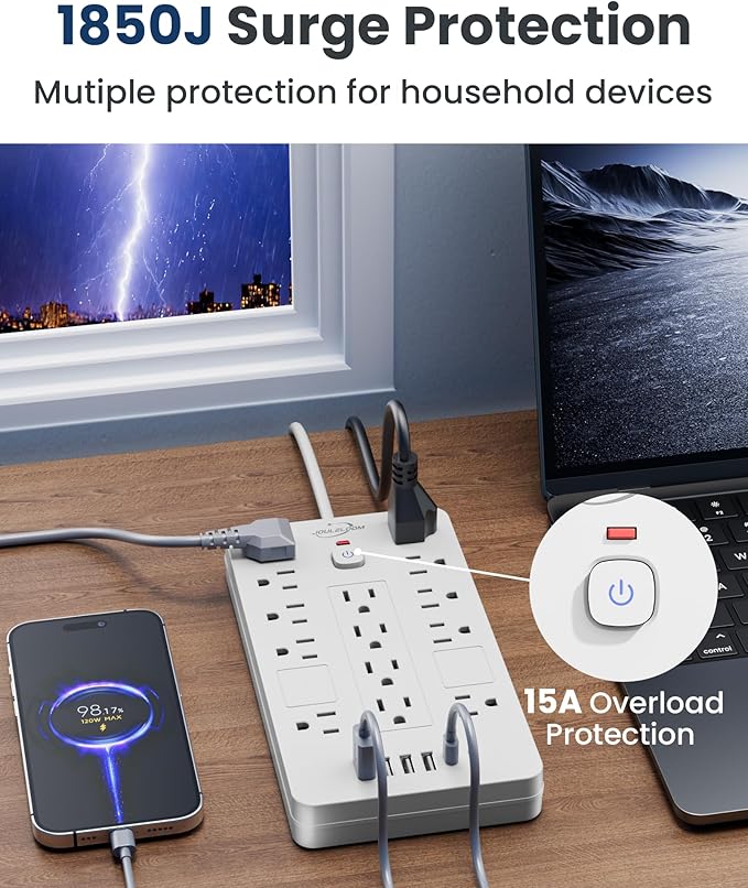 JouleLoom Surge Protector Power Strip-14 Outlets and 6 USB Ports, 10 Feet Flat Plug Extension Cord, 1850 Joules, White, ETL Listed for Home, Office, Dorm Room
