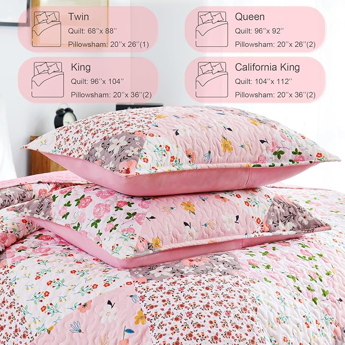 Whale Flotilla Patchwork Quilts Queen Size, Extra Soft Floral Bedspreads | Pink - Image 5