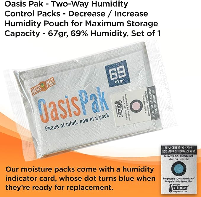 OasisPak 69% RH Two-Way Humidity Control Packs (1 Pack) - 67 Gram Packs | Maintain Humidty, Freshness, Flavors & Aromas | Salt-Free, Leak-Proof Moisture Absorbers for Storage Cases & Containers
