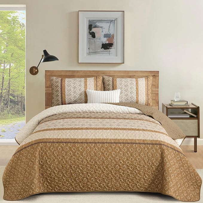 Dinjoy Boho Queen Quilt Set, Striped Bedspread Queen Size, Light Brown Bedding - Image 2