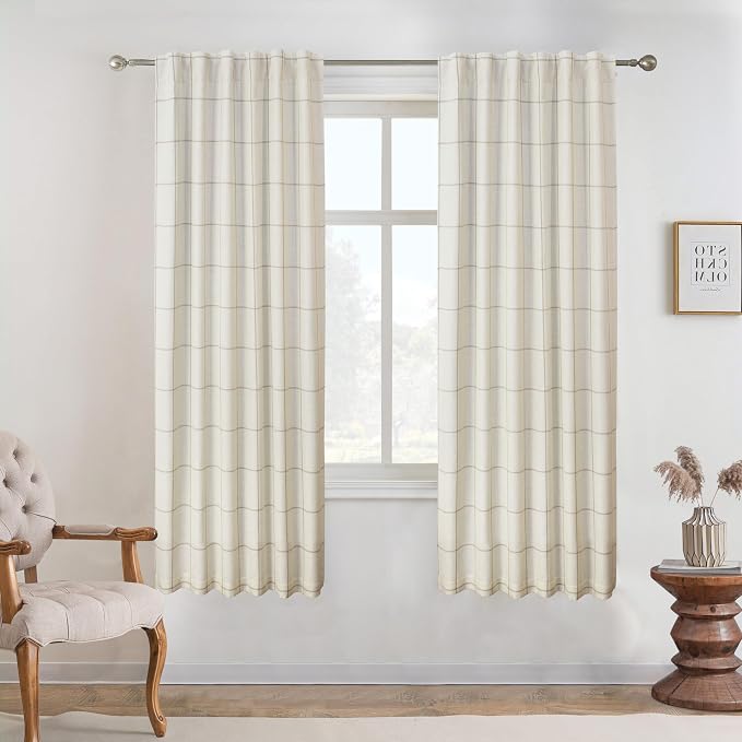 DriftAway 100% Blackout Plaid Linen Curtains 63 Inches Long 2 Panels Taupe | by DriftAway