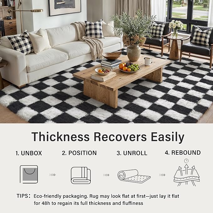 Checkered Rug 5x8 for Living Room Black and White Soft Shag Rugs | Machine - Image 5