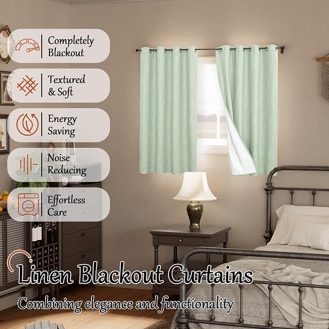 Linen Blackout Curtains 45 Inches Long 2 Panels Each 52 Wide Sage | Thermal - Image 2