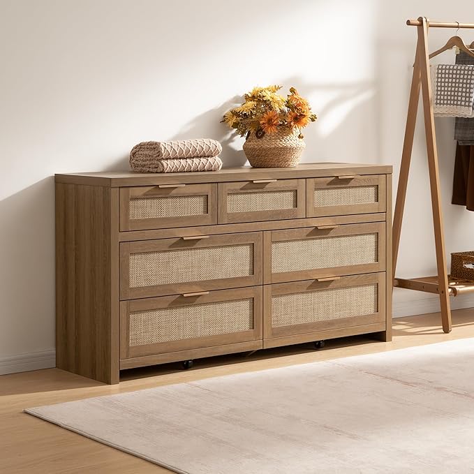 SICOTAS 7 Drawer Dressers for Bedroom Set 2, Long Rattan Dresser, Dresser TV Stand, Closet Organizer Chest of Drawers, Clothes Storage Dressers (Reclaimed Caramel Oak, 7 Drawers (2 pcs))