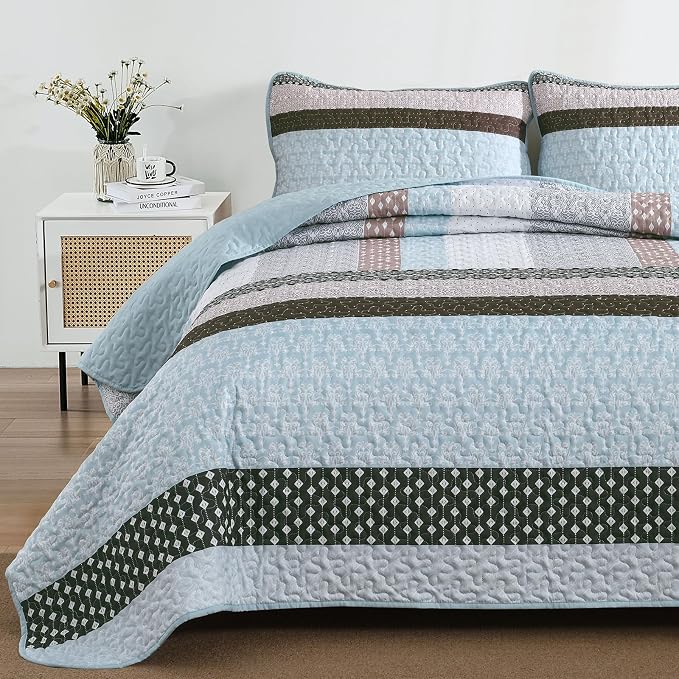 WONGS BEDDING Boho Quilt King Size, Patchwork Bedding Set, 3 Pieces Plaid - Image 4
