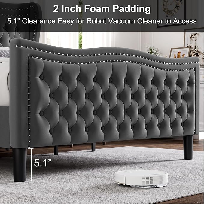 Full Bed Frame with Tall Headboard & Footboard, Velvet Upholstered Platform Bed Frame with Deep Button Tufted Wingback, No Box Spring Needed, Noise Free, Grey