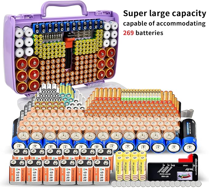 Aptbyte Battery Organizer Storage Holder Box Case with Tester- 269 Batteries Double-Sided Variety Pack, Holds AA AAA 4A C D Cell 9V 3V Lithium LR44 CR2 CR123 CR1632 18650 Button- Purple (Box Only)