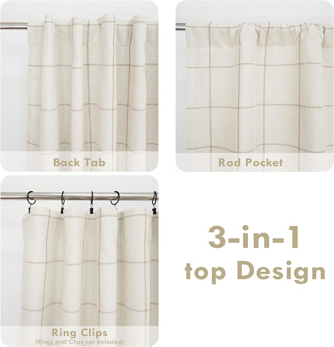 DriftAway 100% Blackout Plaid Linen Curtains 108 Inches Long 2 Panels Taupe | - Image 7