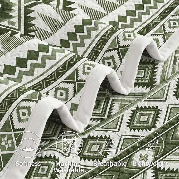akkialla Reversible Green Boho Queen Quilt Set, 2-Piece Bohemian Aztec - Image 7