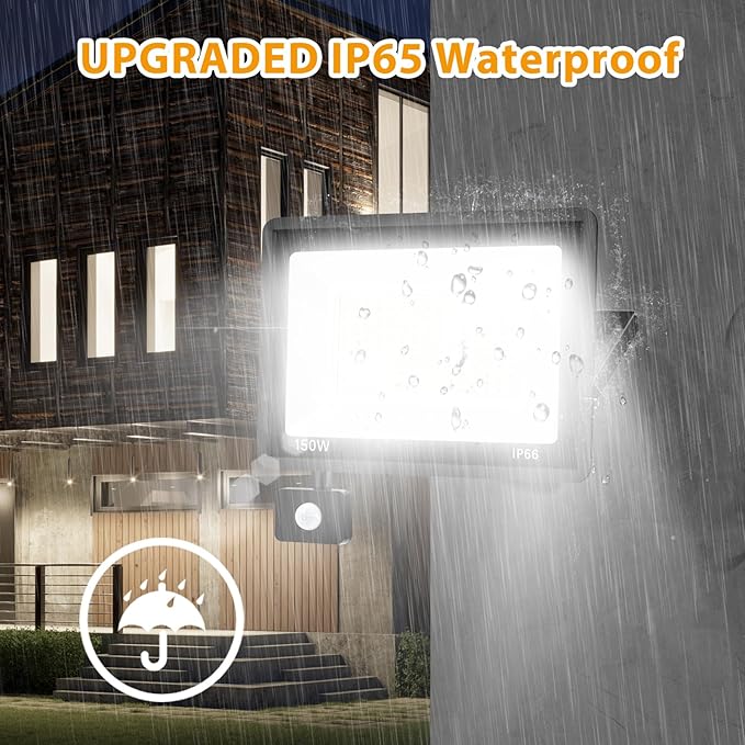 YANYCN 2 Pack 150W LED Motion Sensor Flood Light, 5000K Daylight, IP66 Waterproof, 17000 Lumens, Outdoor Security Dusk to Dawn Light for Garage, Front Porch, Barn