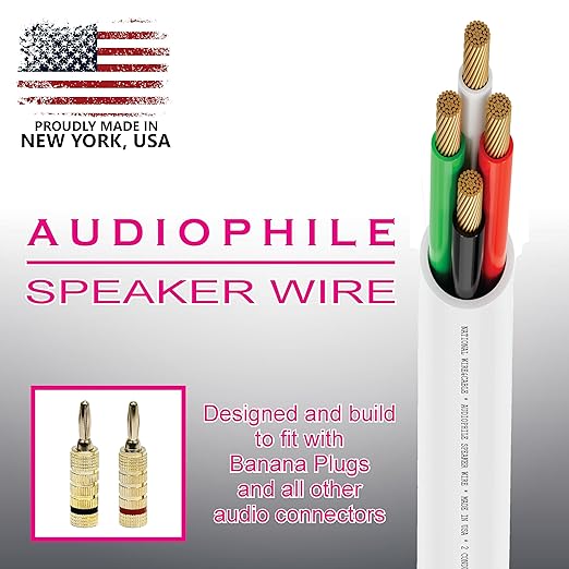 NATIONAL Wire&Cable - 16/4 Audiophile Speaker Wire (100 Feet) 16AWG Gauge - Made in USA - in Wall Audio Speaker Wire Cable/CL Rated/ETL Listed / 2 Conductors - OFC Oxygen-Free Copper, White 100ft