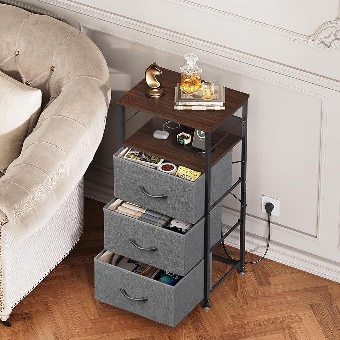 WLIVE Nightstand with Charging Station, 31.9" H Nightstand with 3 Fabric Drawers - Image 6