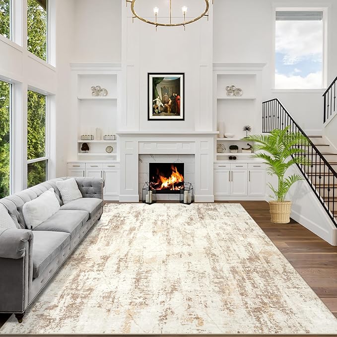 5x7 Area Rugs for Living Room: Washable Abstract Beige Grey Badroom Carpet | by GENTDRIZZ