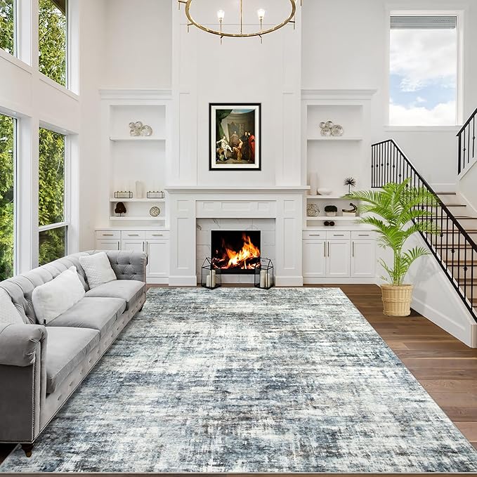 8x10 Area Rugs for Living Room: Washable Abstract Blue Multi Badroom Carpet | by GENTDRIZZ