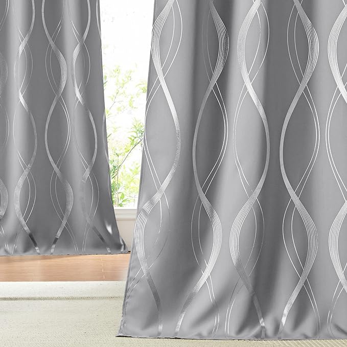 NICETOWN Blackout Curtains 95 inches Long, Foil Printed Wave Lines Energy by NICETOWN