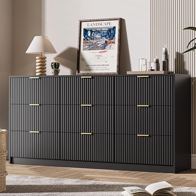 Black 9 Drawer Dresser for Bedroom, 63" Wide Modern Fluted Dresser with Gold Metal Handles, Chest of Drawers for Bedroom, Living Room, Entryway, Hallway