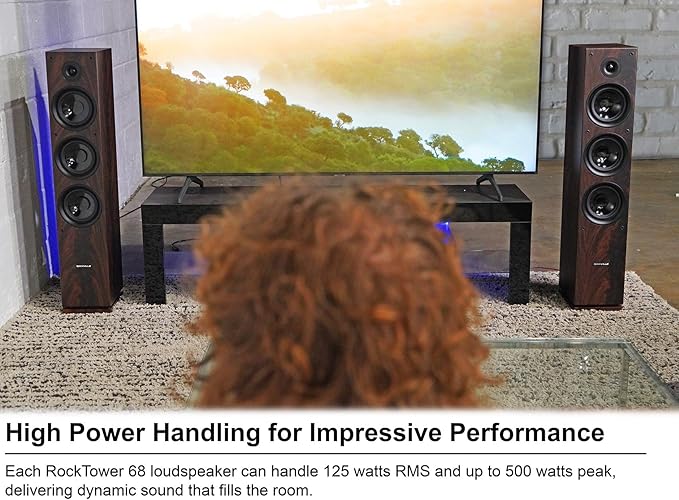 Rockville RockTower 68D 400W Passive Tower Speaker 8 Ohm, Deep Bass, High-Fidelity Sound, Sleek Dark Wood Design, for Home Audio Enthusiasts