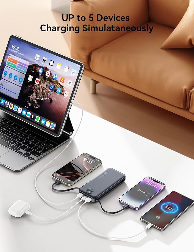 Ultra-Portable-Charger-Power-Bank with Built in Cables&AC Wall Plug,12000mAh PD20W USB-C Fast Charging Cell Phone Charger Battery Pack,LED Display Travel Battery Bank for All iPhone,Samsung,Android