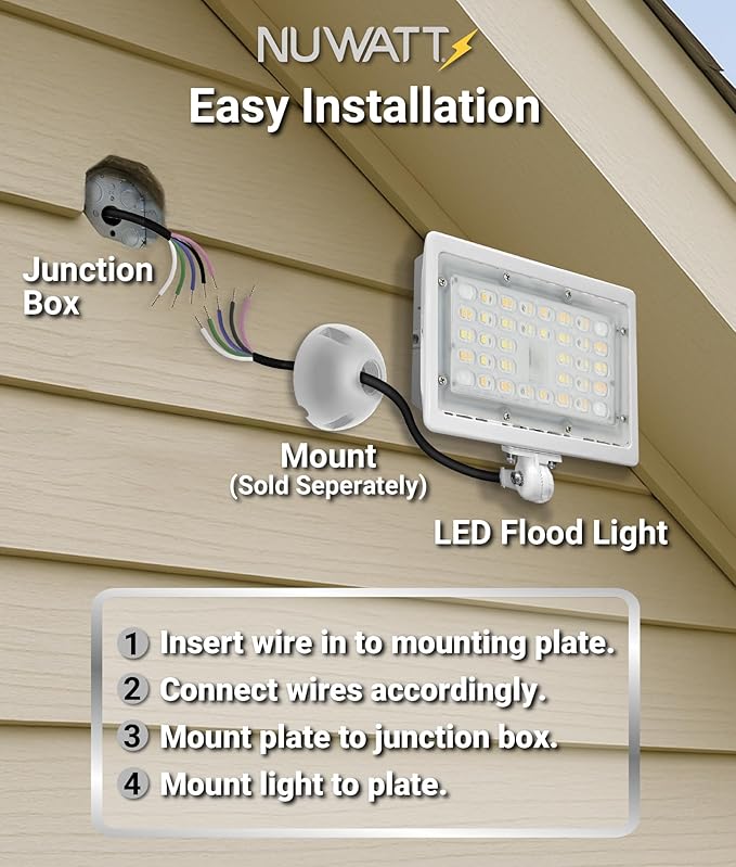 NUWATT 15W LED Flood Light, 3CCT 3000K/4000K/5000K Selectable, IP65 Waterproof Lighting, 1/2" Adjustable Knuckle Mount, 2100 Lumens, 120-277V, Outdoor Security Floodlight for Yard, White, UL