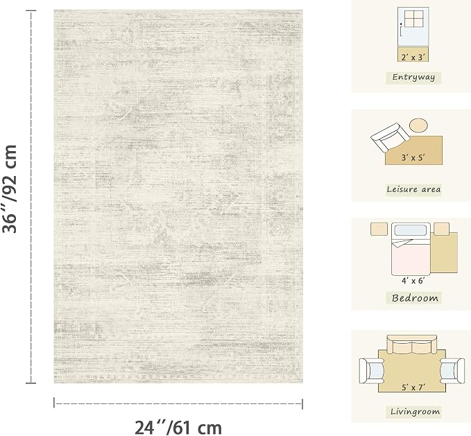 Latte&Fog Washable 2x3 Entryway Rug Vintage Ivory Area Rugs Non Slip | Low Pile - Image 2