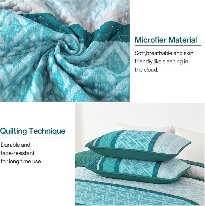 Dinjoy Boho Quilt Set, Turquoise Bedspread Queen Size, Striped Plaid Spring - Image 4