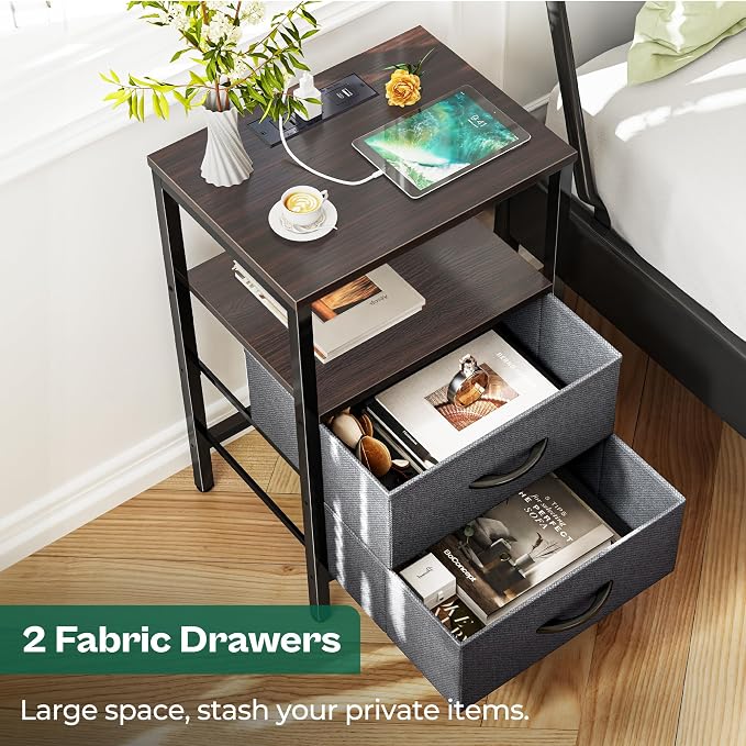 Huuger Nightstand with Charging Station, Side Table with Fabric Drawers | End - Image 5