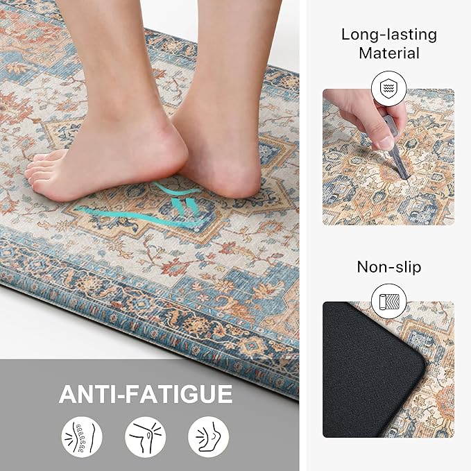 GENIMO Kitchen Mats for Floor 2PCs, Washable Anti Fatigue Mat for Cushioned, 17.3"x47"+17.3"x30", Waterproof Kitchen Rugs, Non Slip Comfort Standing Mat Rug for Home, Sink, Laundry, Blue&Salmon