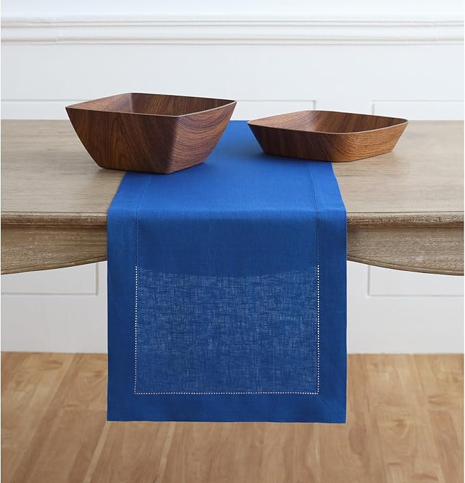 Solino Home Linen Royal Blue Table Runner 48 Inches - Classic Hemstitch, 100% Pure Linen Coffee Table Runner 14 x 48 Inch Ideal for Dresser Tables, Christmas, New Year