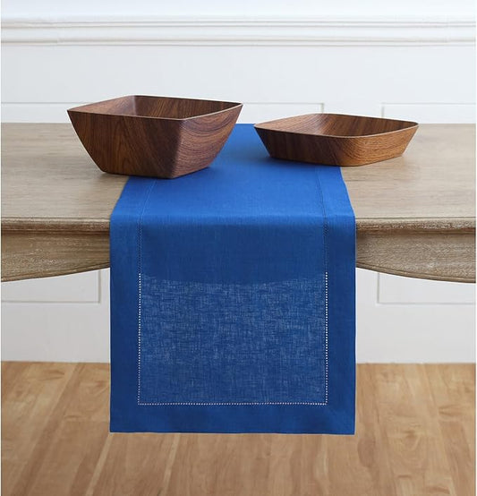 Solino Home Linen Royal Blue Table Runner 48 Inches - Classic Hemstitch, 100% Pure Linen Coffee Table Runner 14 x 48 Inch Ideal for Dresser Tables, Christmas, New Year