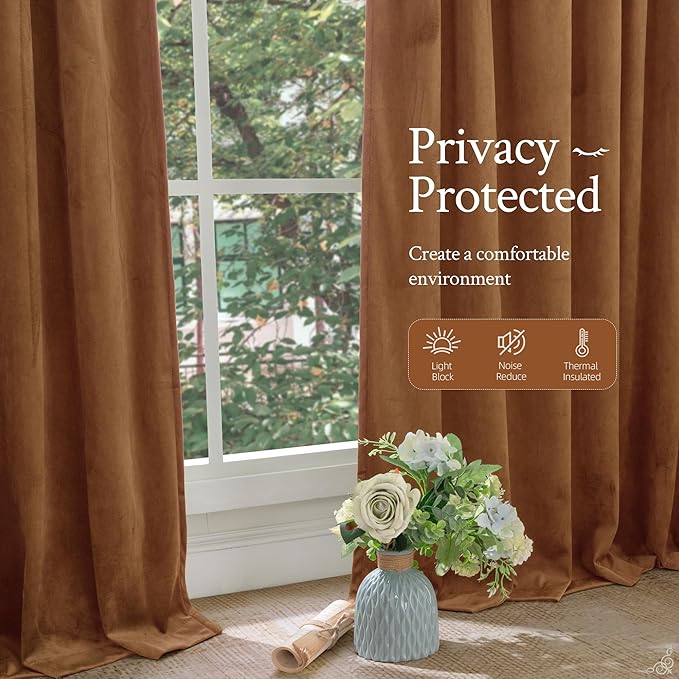 LAMIT Bronze Brown Velvet Curtains for Living Room 102 Inches Long, Mid Century Thermal Blackout Curtains Room Darkening Back Tab and Rod Pocket Panels for French Country, 2 Panels, 52 x 102 Inch