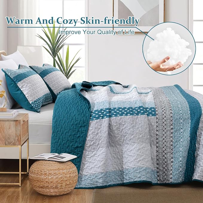 WONGS BEDDING Teal Blue King Size 3-Piece Quilt Set, Boho Stripe Bedspread | - Image 5