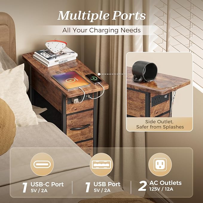 Huuger Narrow End Table with Charging Station, Side Table with 2 Drawers | Slim - Image 5