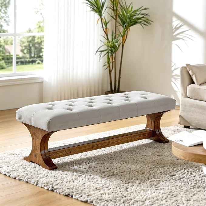 LITTLE TREE 55" Upholstered End of Bed Bench, Solid Wood Tufted Entryway Bench - Image 5