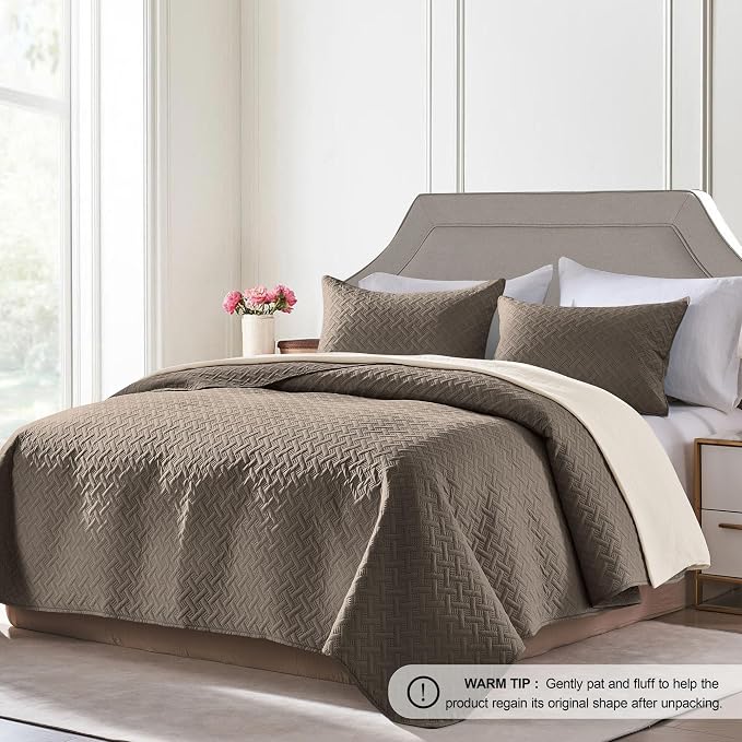 FLYMME Twin Quilt Set, Lightweight Mocha Brown Bedspreads, Basket Weave Pattern - Image 2