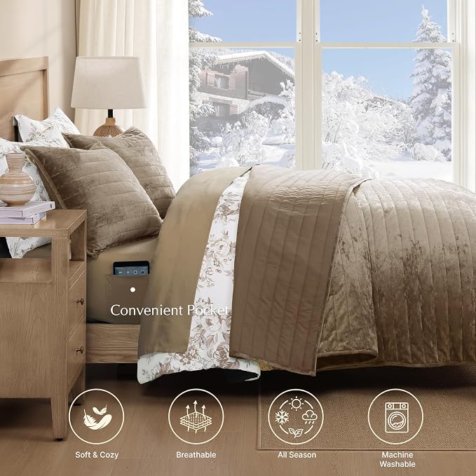 Velvet Quilt Set King Size- Taupe Quilt Bedding Set - Image 3
