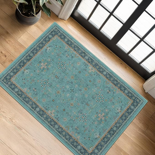 2x4 Washable Teal Throw Rugs for Entryway Indoor - Washable Non Slip Kitchen Rug, Boho Floral Small Carpet for Bathroom, Powder Room, Non Slip Low Pile Stain & Fade Resistant Indoor Décor
