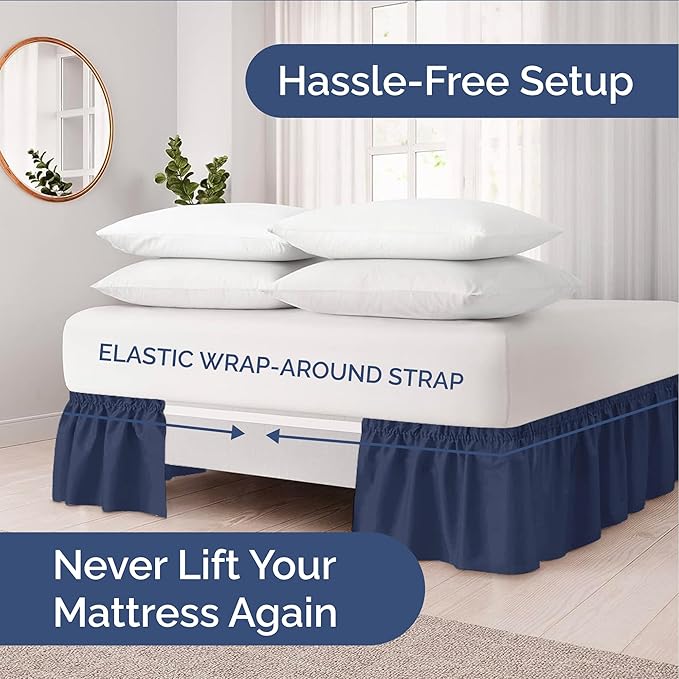 Wrap Around Dust Ruffle Bed Skirt - Navy Blue - for Queen Size Beds with 15 Inch Drop - Elastic Strap - Adjustable Pleated Bedskirt with Brushed Fabric and Wrinkle Free - for Women, Men, Kids & Teens