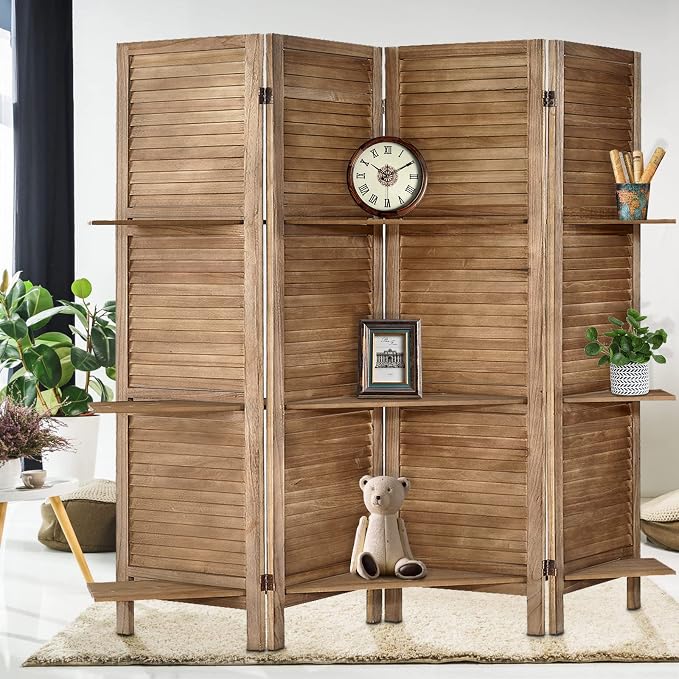 Room Divider with Shelves, 4 Panel Brown Privacy Screen | Partition Room by AMBITION+LAND